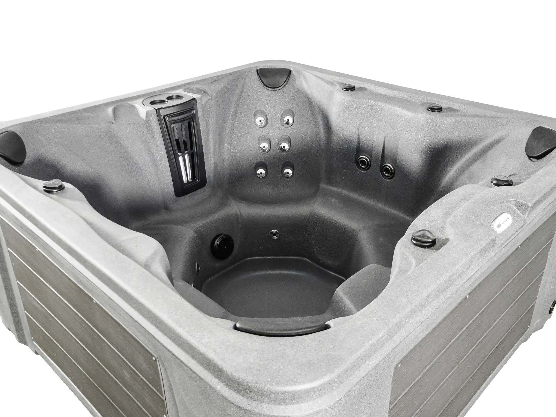 Angled view into a Hydro Spas HYD-450 Retreat Series hot tub showing its molded seats and jets